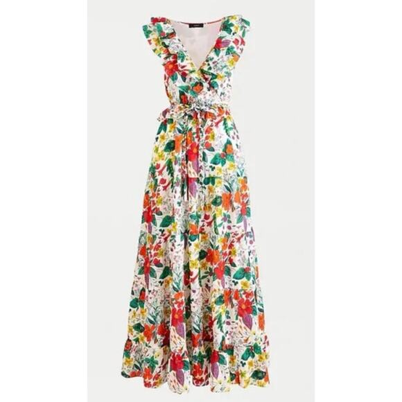 J. Crew Ruffle-Front Maxi Dress In Ratti Island Botanical Print Pockets Size‎ 12 - Picture 1 of 13